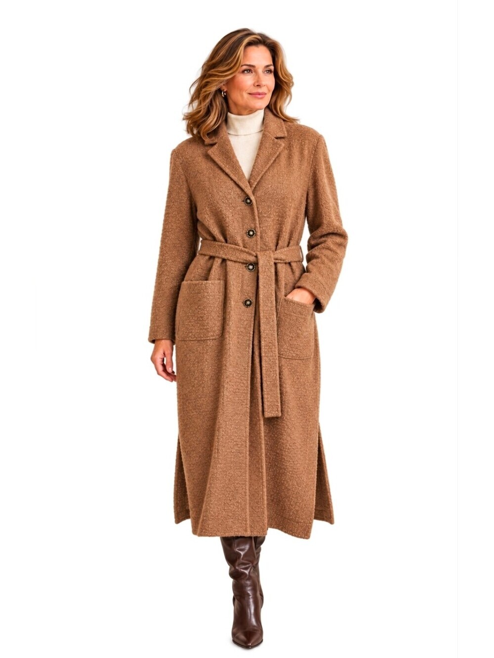 Vintage St. John Collection Marie Gray Camel Brown Belted Maxi Knit Coat Duster